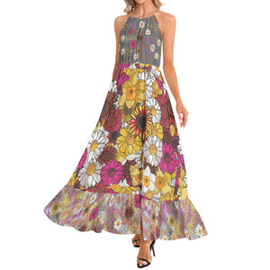 Aries Flora Ruffle Hem Halter Maxi Dress