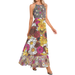 Aries Flora Ruffle Hem Halter Maxi Dress