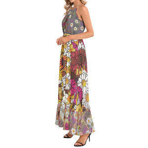 Aries Flora Ruffle Hem Halter Maxi Dress