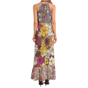 Aries Flora Ruffle Hem Halter Maxi Dress